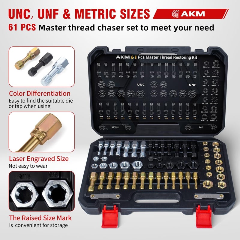 AKM طقم استعادة الخيوط 61 قطعة، أداة إصلاح الخيوط، مجموعة أدوات مطاردة الخيوط UNC UNF والخيوط المترية مع مقياس خطوة الخيط - Image 2